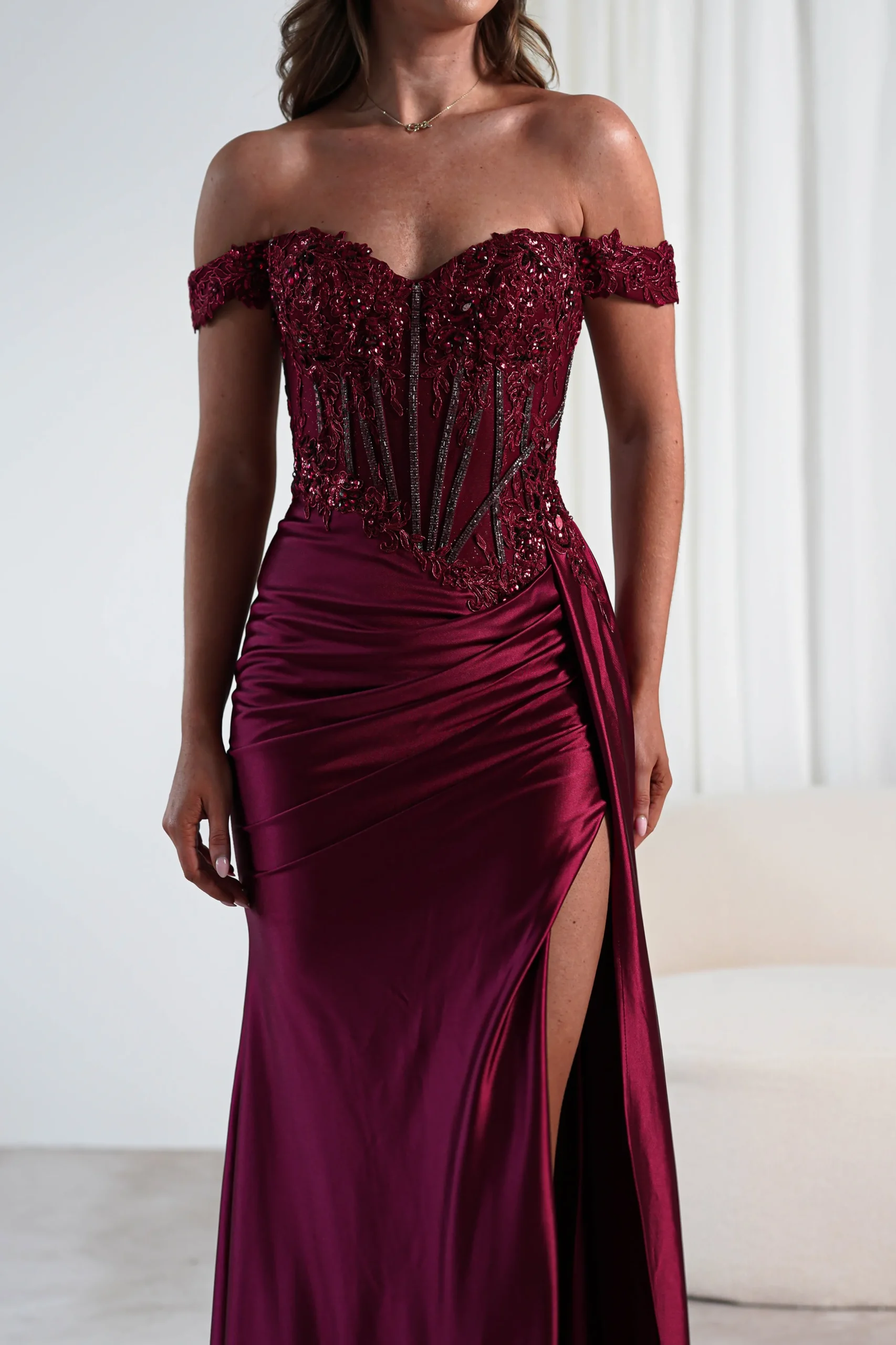 Marsela Lace Bodice Gown | Burgundy