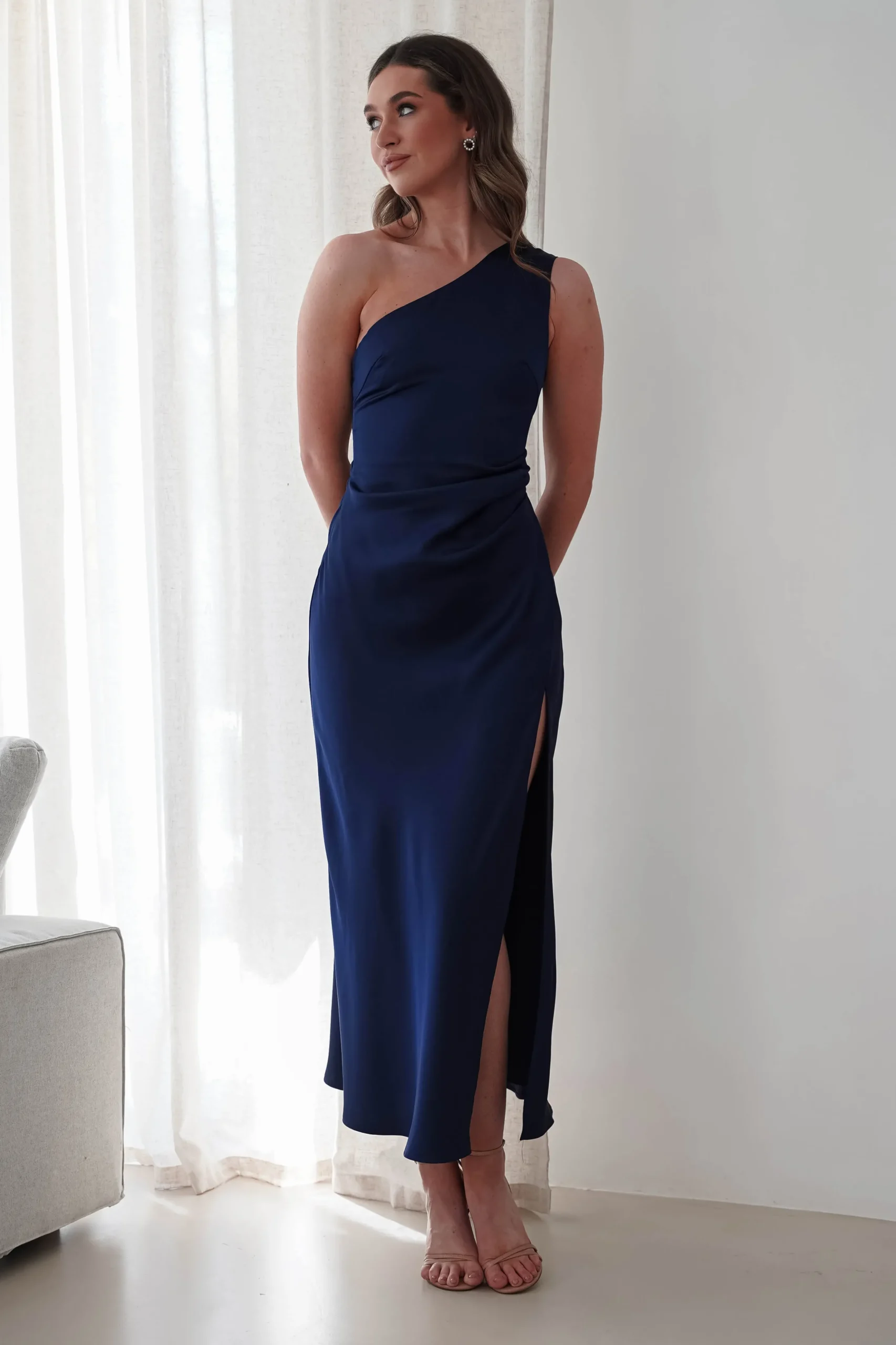 Meera Soft Matte Satin Midaxi Dress | Navy