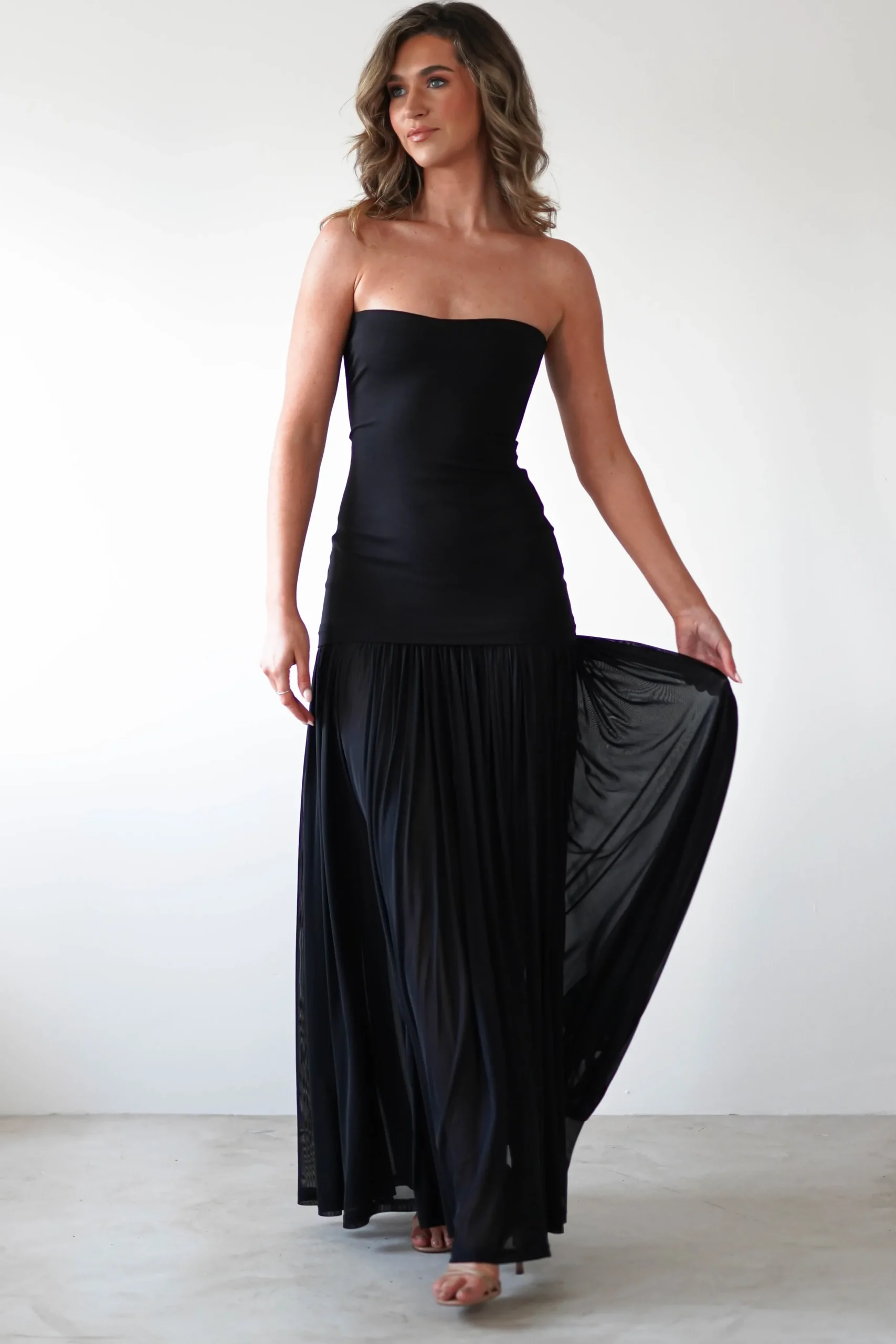 Mel Strapless Chiffon Skirt Maxi Dress | Black