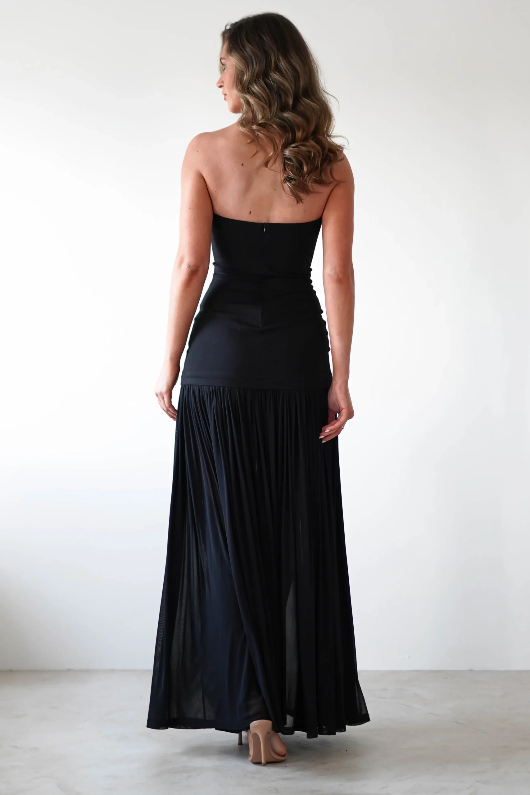 Mel Strapless Chiffon Skirt Maxi Dress | Black