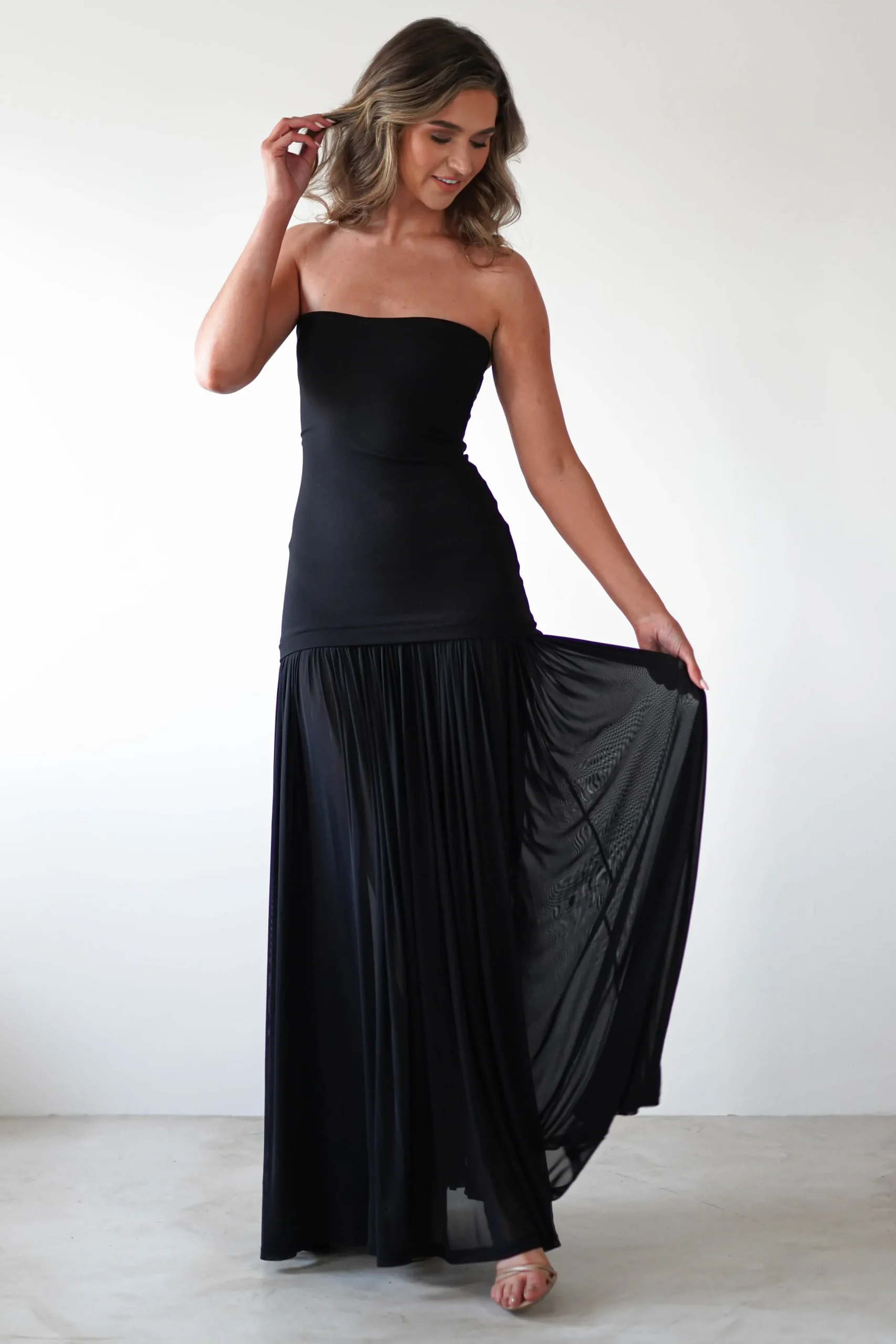 Mel Strapless Chiffon Skirt Maxi Dress | Black