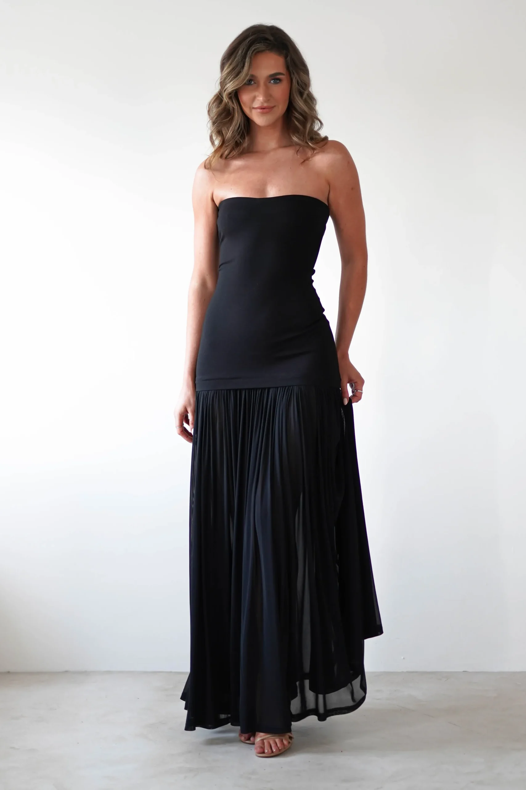 Mel Strapless Chiffon Skirt Maxi Dress | Black