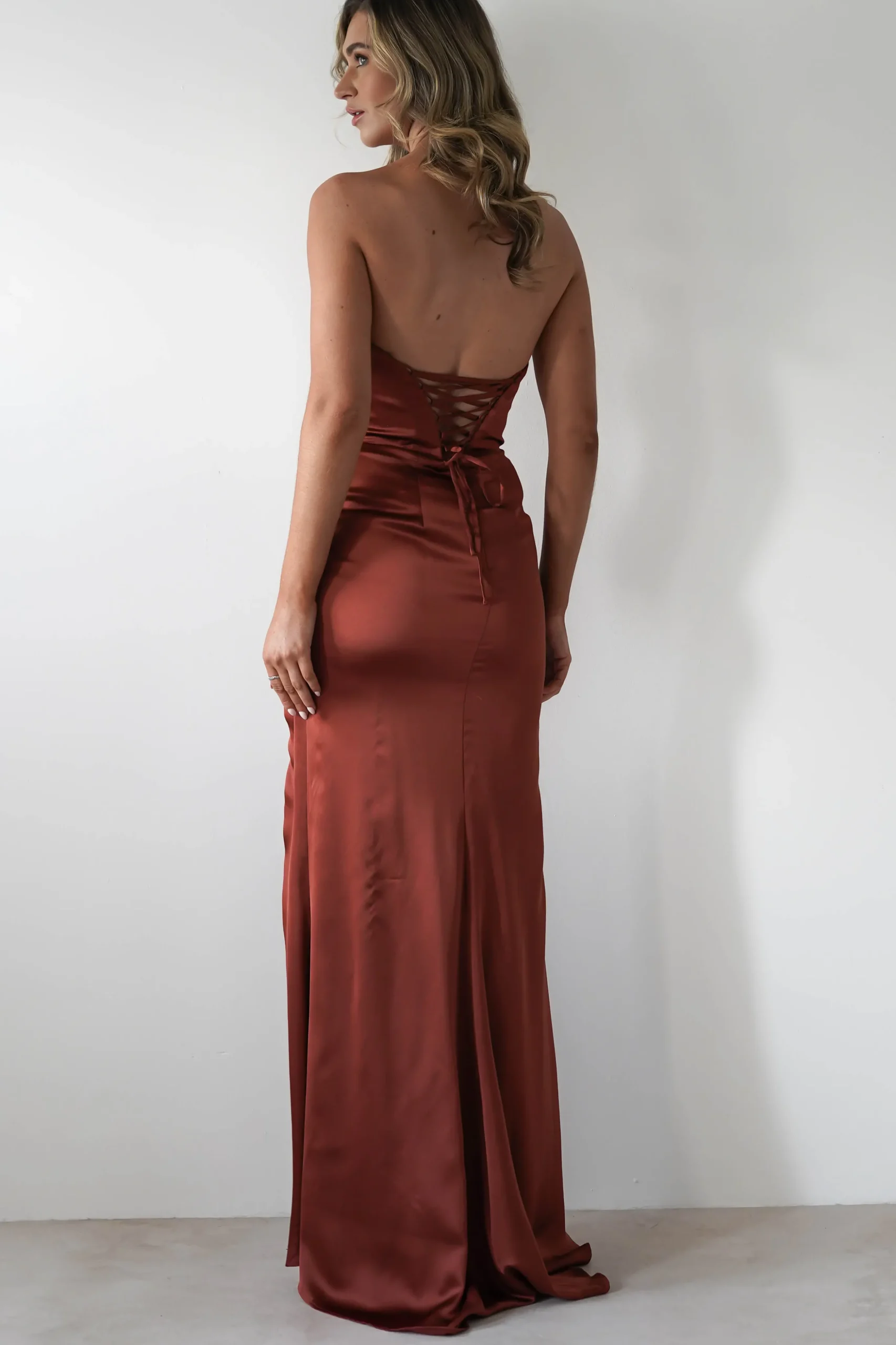 Melanie Soft Satin Maxi Gown | Rust