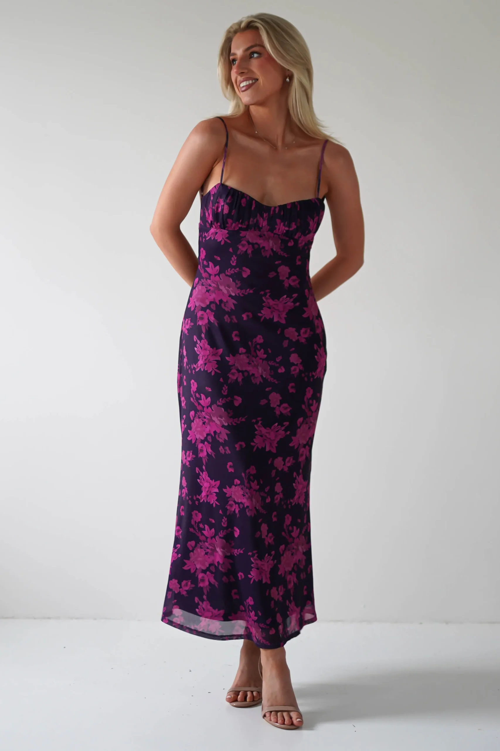 Merlo Low Back Midaxi Dress | Grape Print