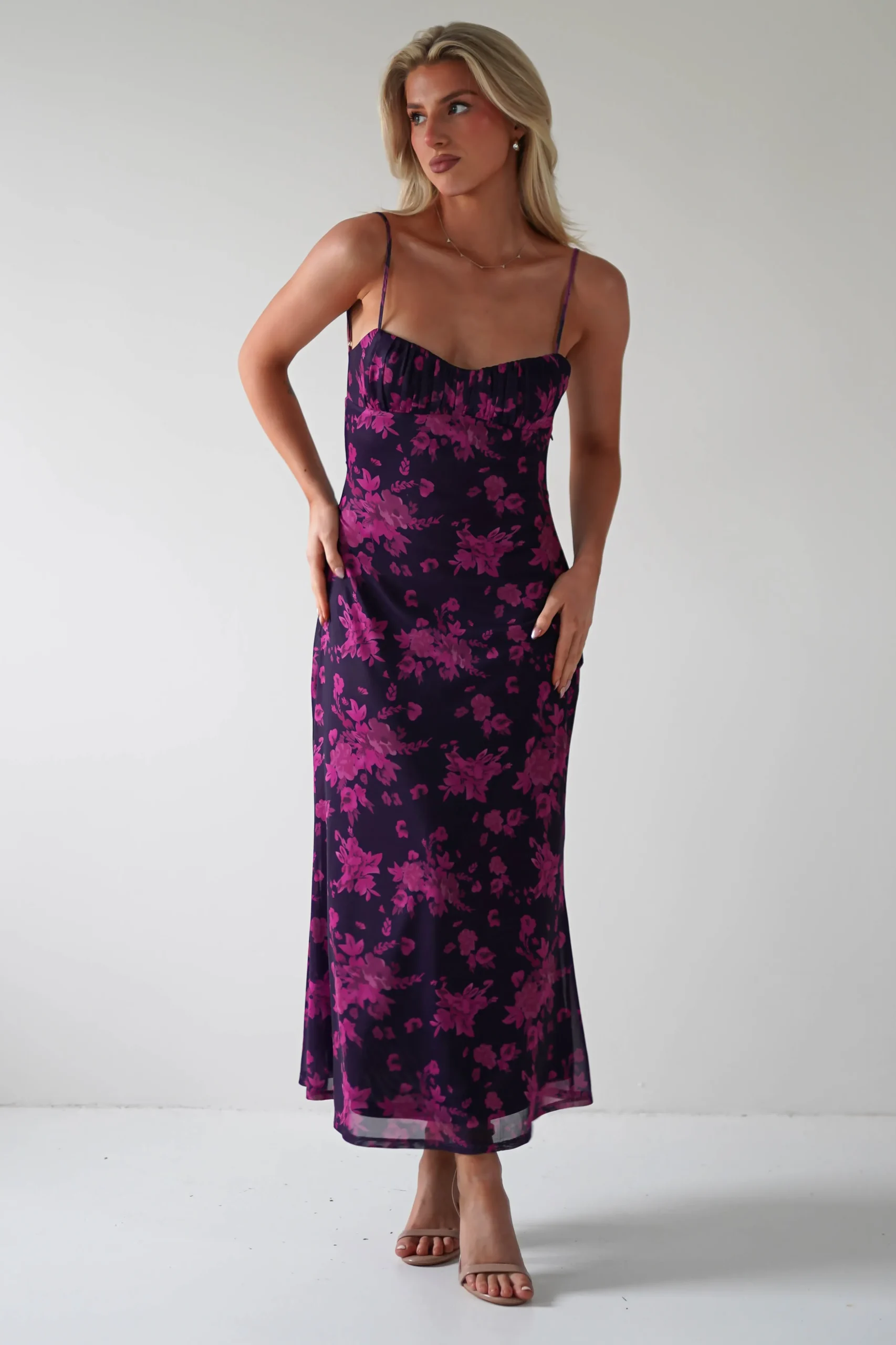 Merlo Low Back Midaxi Dress | Grape Print