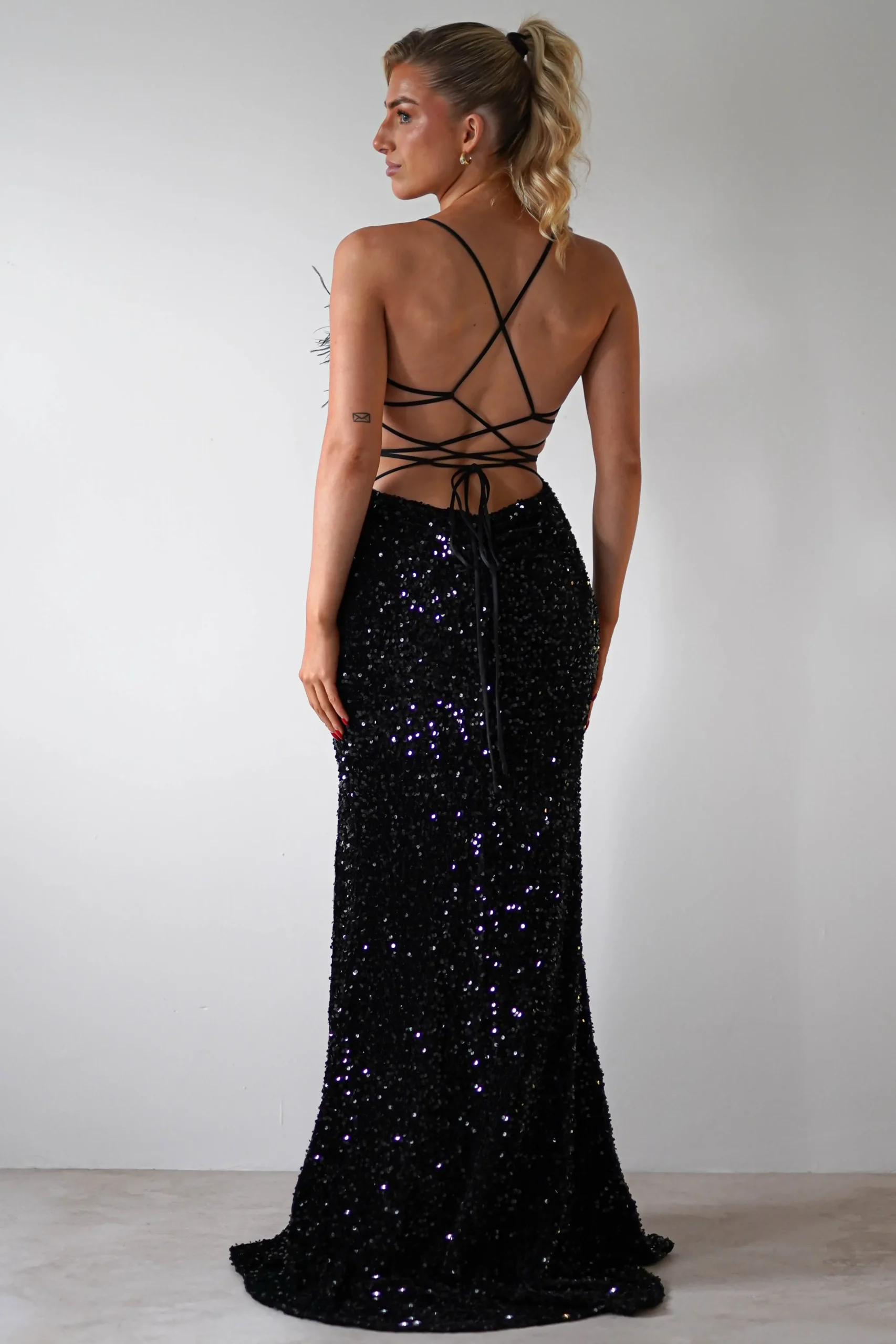 Mira Sequin Feather Maxi Gown | Black