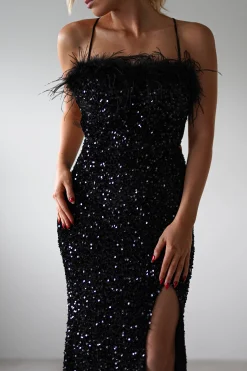Mira Sequin Feather Maxi Gown | Black