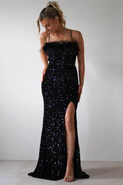 Mira Sequin Feather Maxi Gown | Black