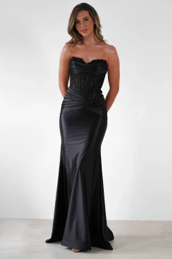 Misha Strapless Lace Detail Gown | Black