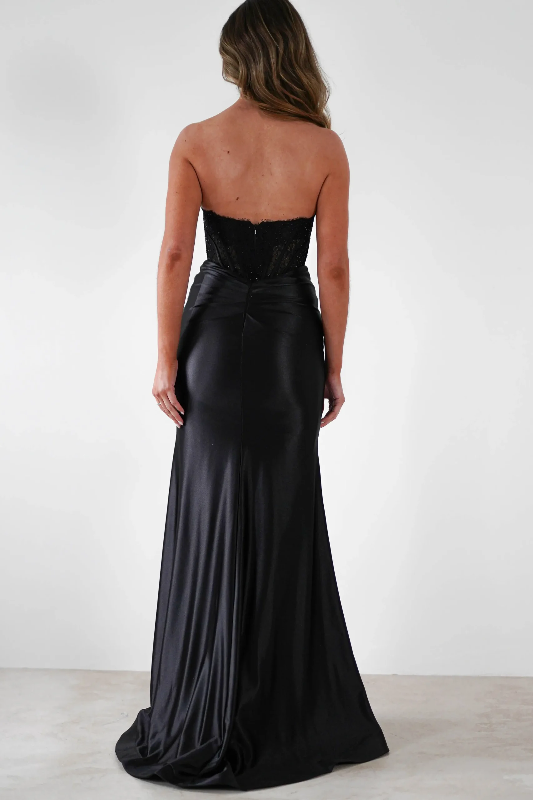 Misha Strapless Lace Detail Gown | Black