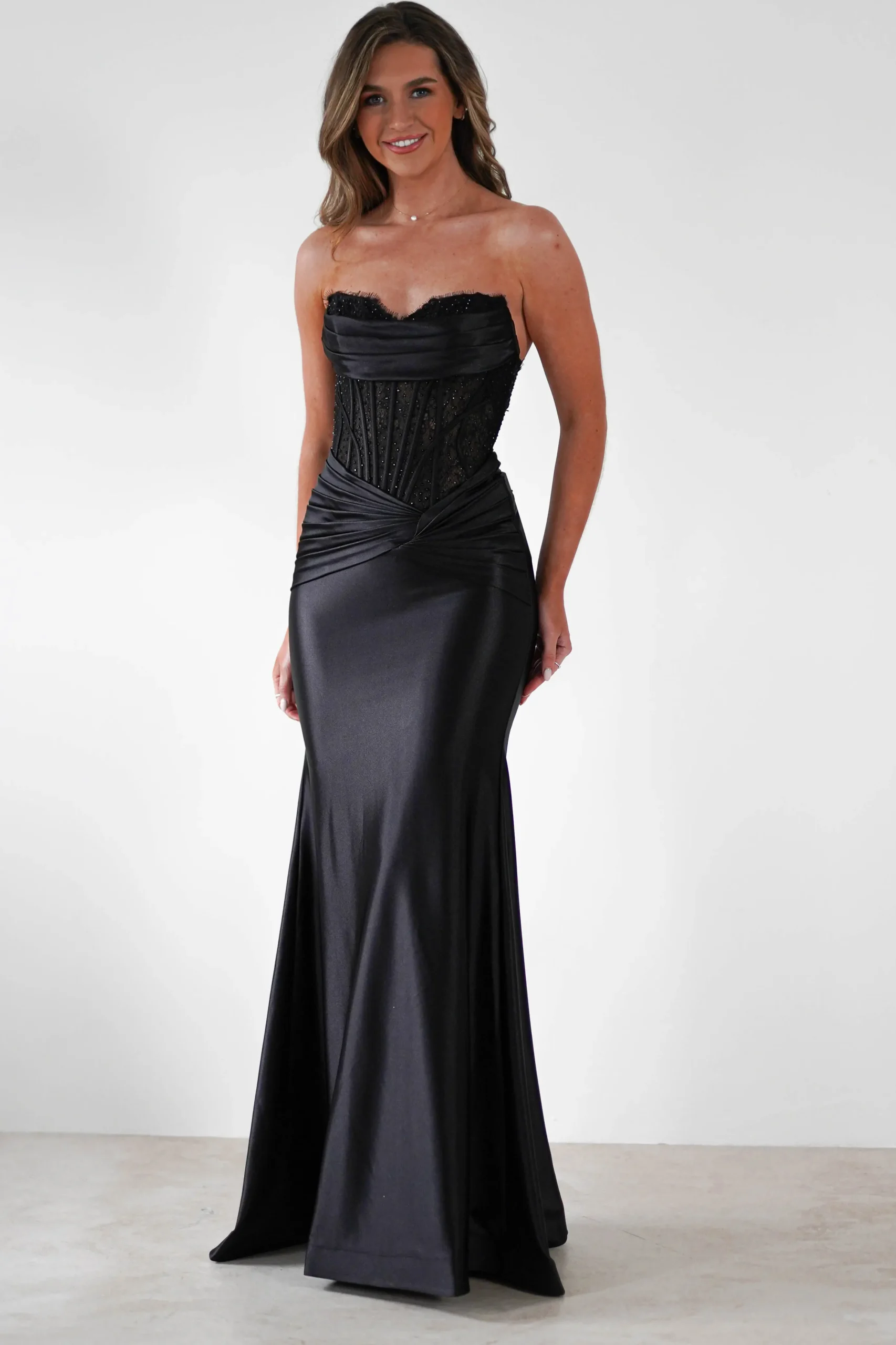 Misha Strapless Lace Detail Gown | Black