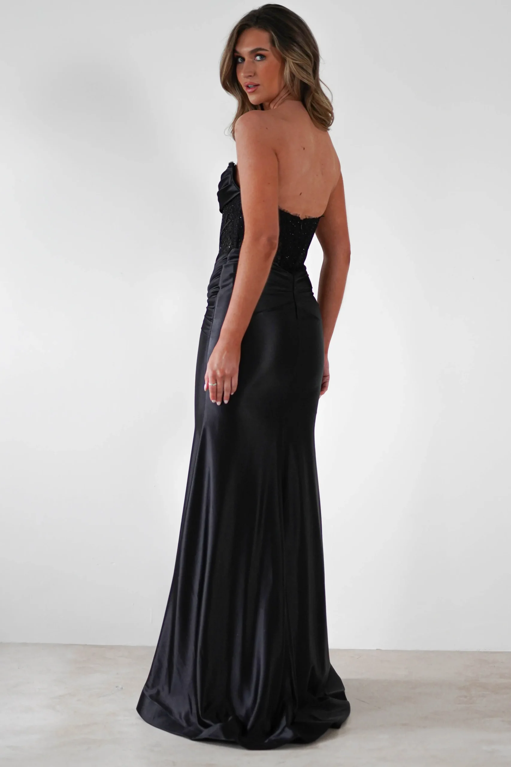 Misha Strapless Lace Detail Gown | Black