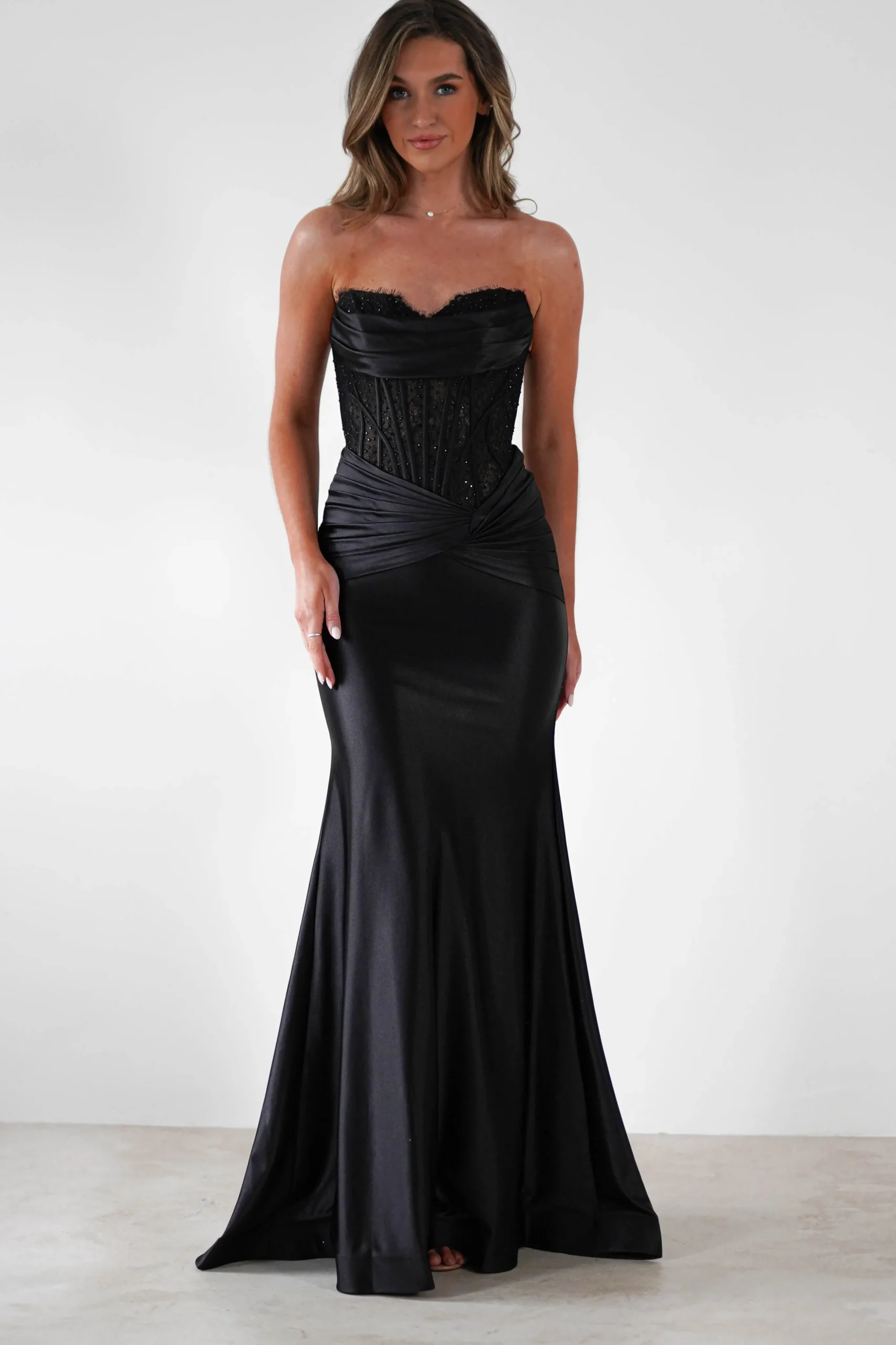 Misha Strapless Lace Detail Gown | Black