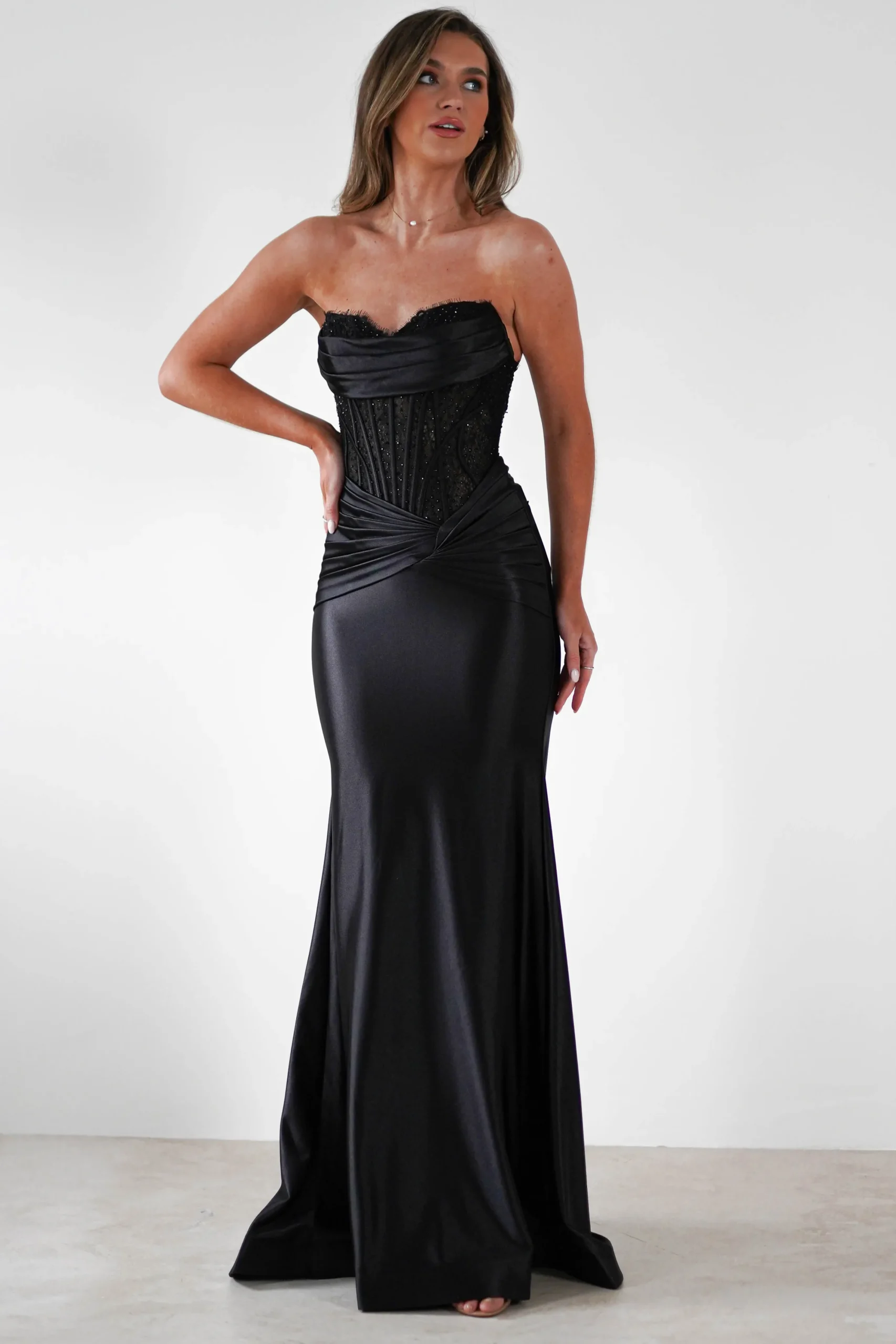 Misha Strapless Lace Detail Gown | Black