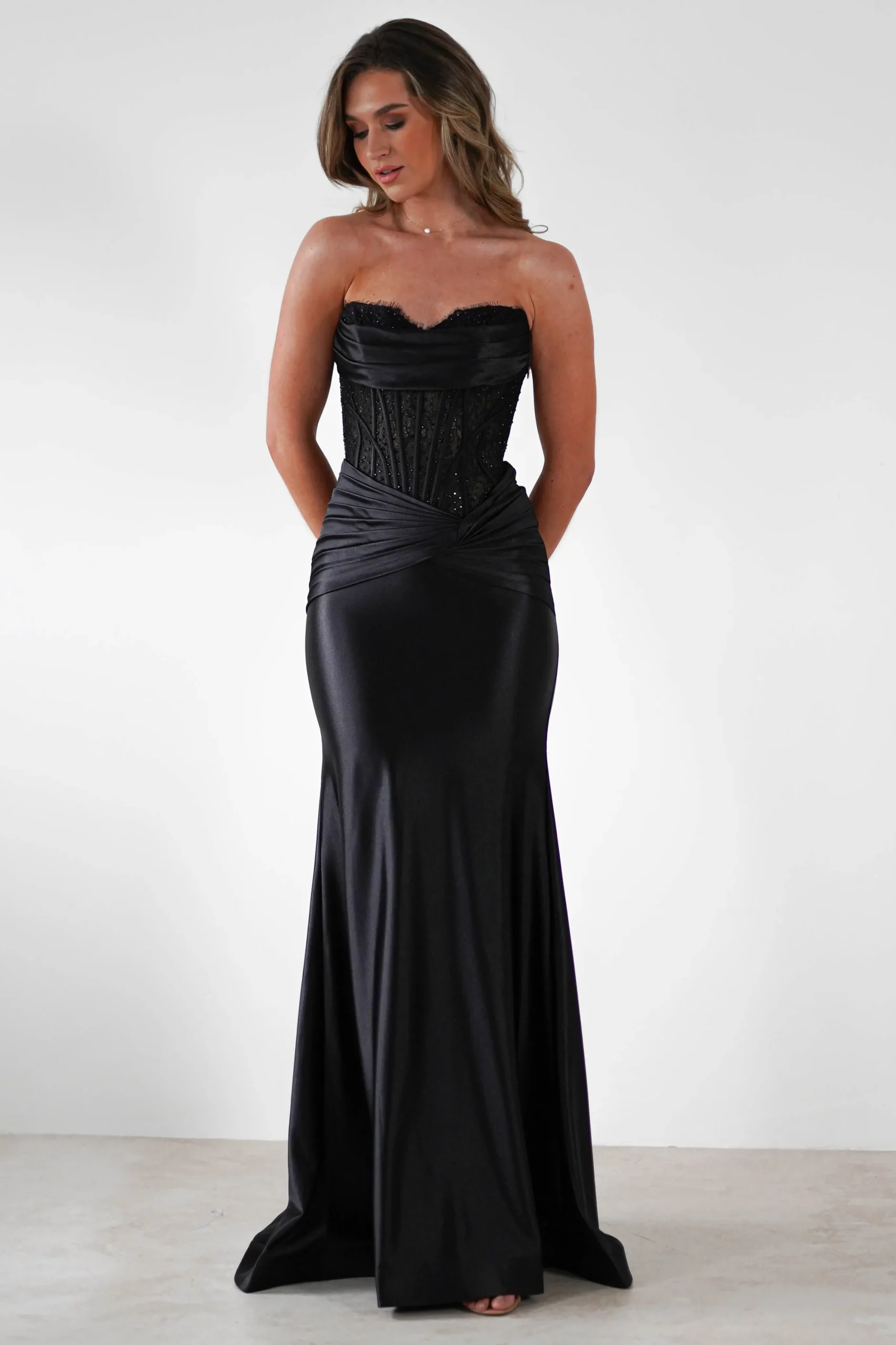Misha Strapless Lace Detail Gown | Black