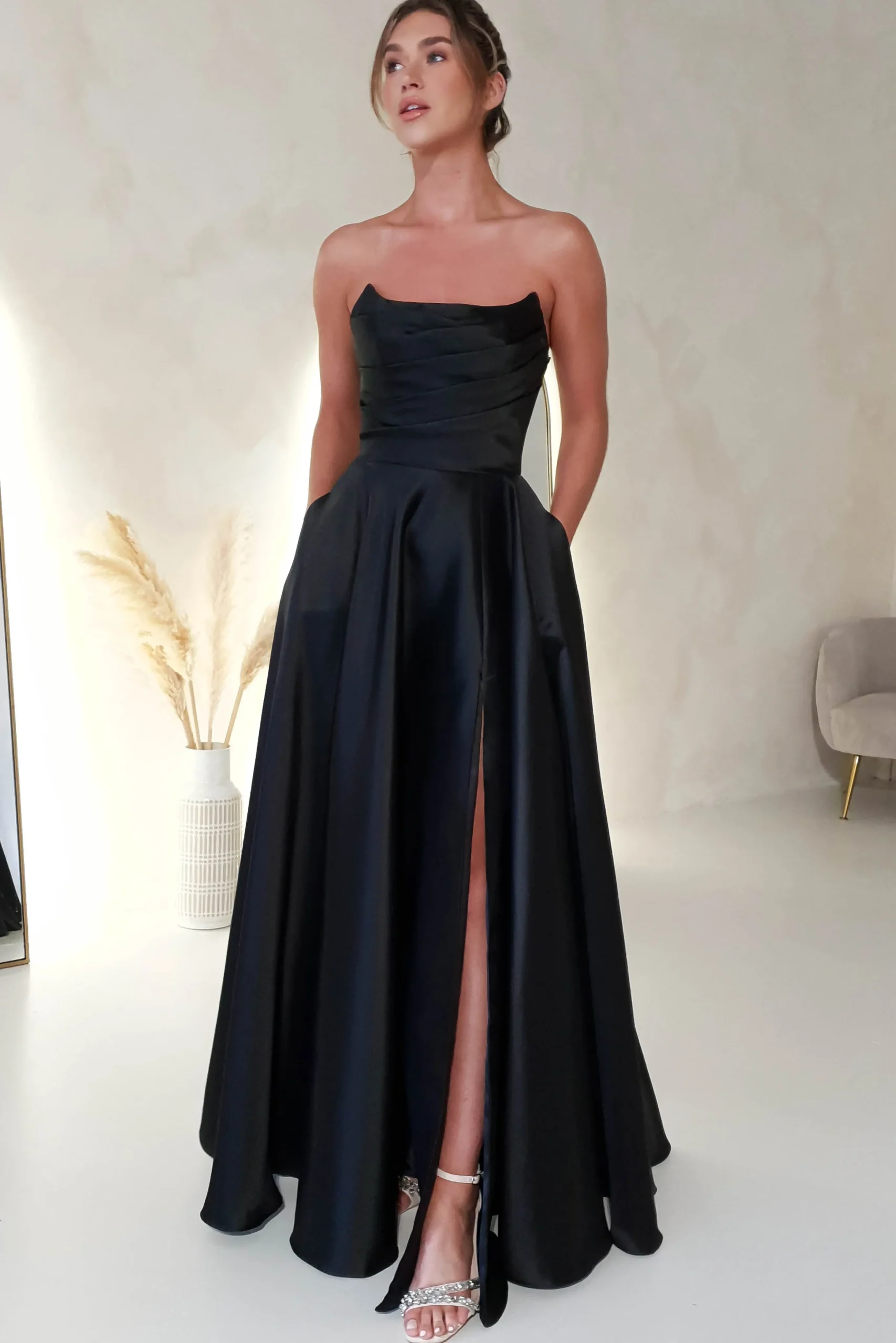 Miya Corset A-Line Satin Gown | Black