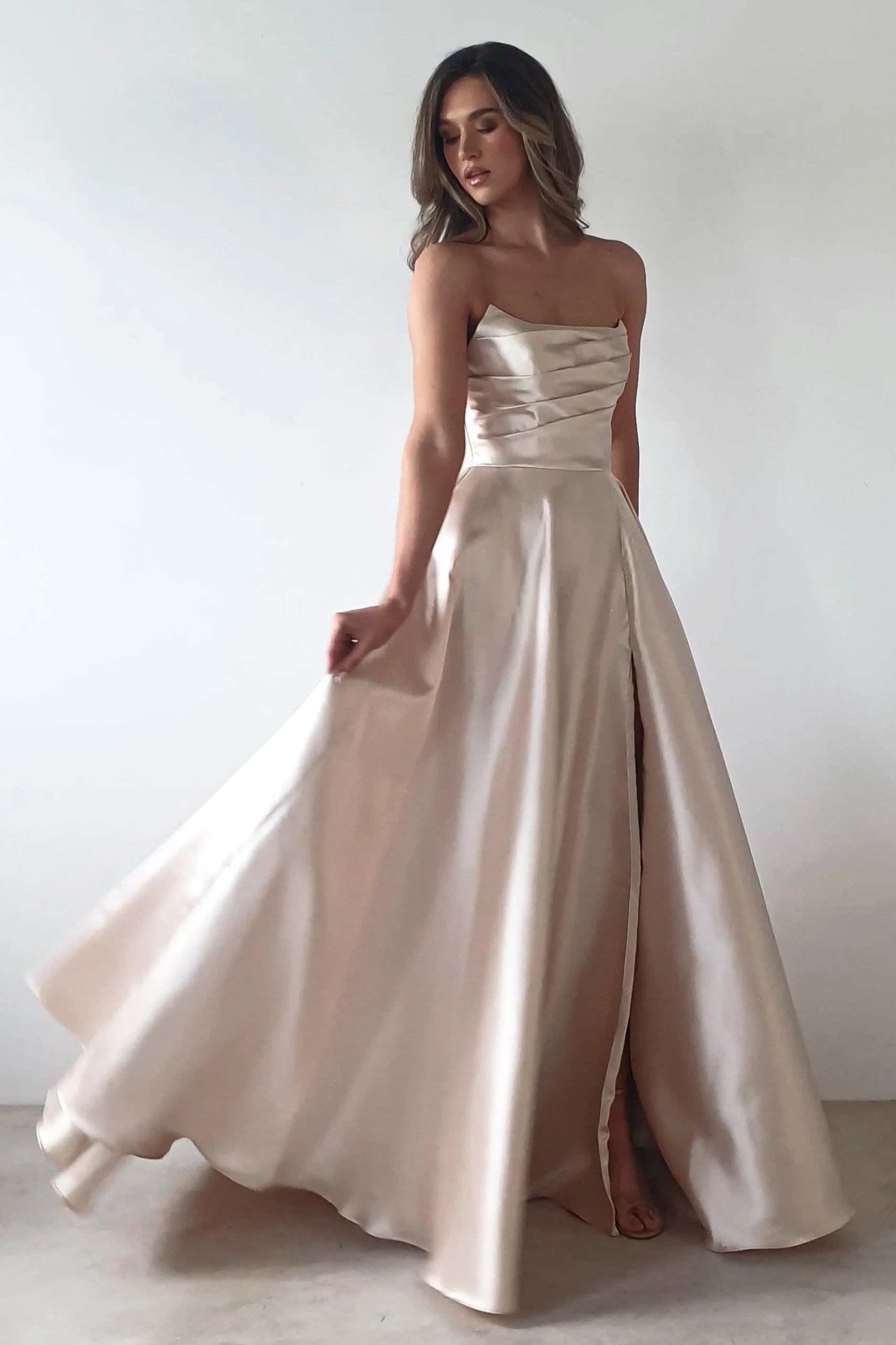 Miya Corset A-Line Satin Gown | Champagne