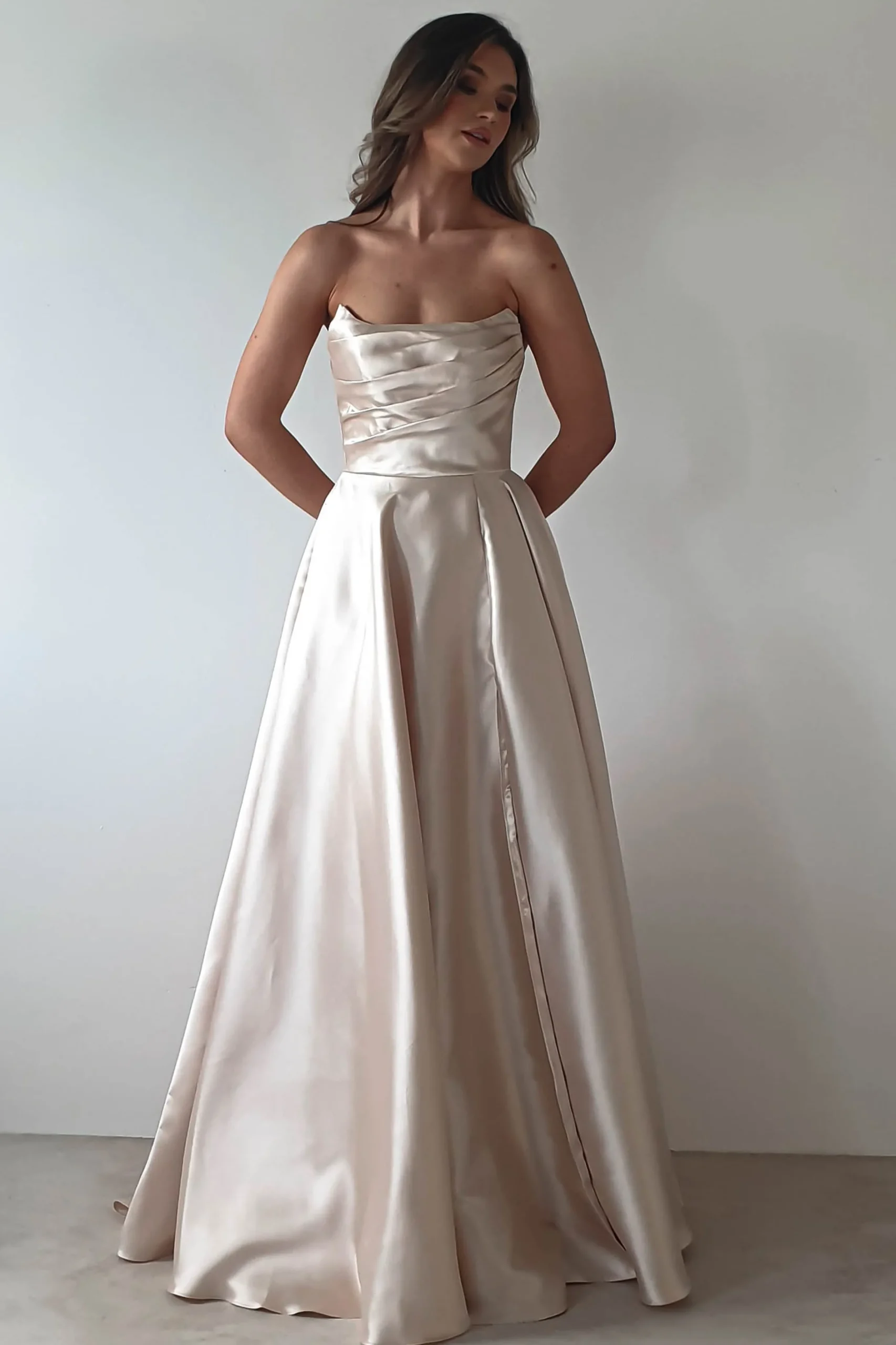 Miya Corset A-Line Satin Gown | Champagne