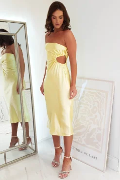 Naomi Satin Strapless Midi Dress | Yellow