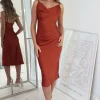 Natalie Satin Cowl Neck Midi Dress | Rust