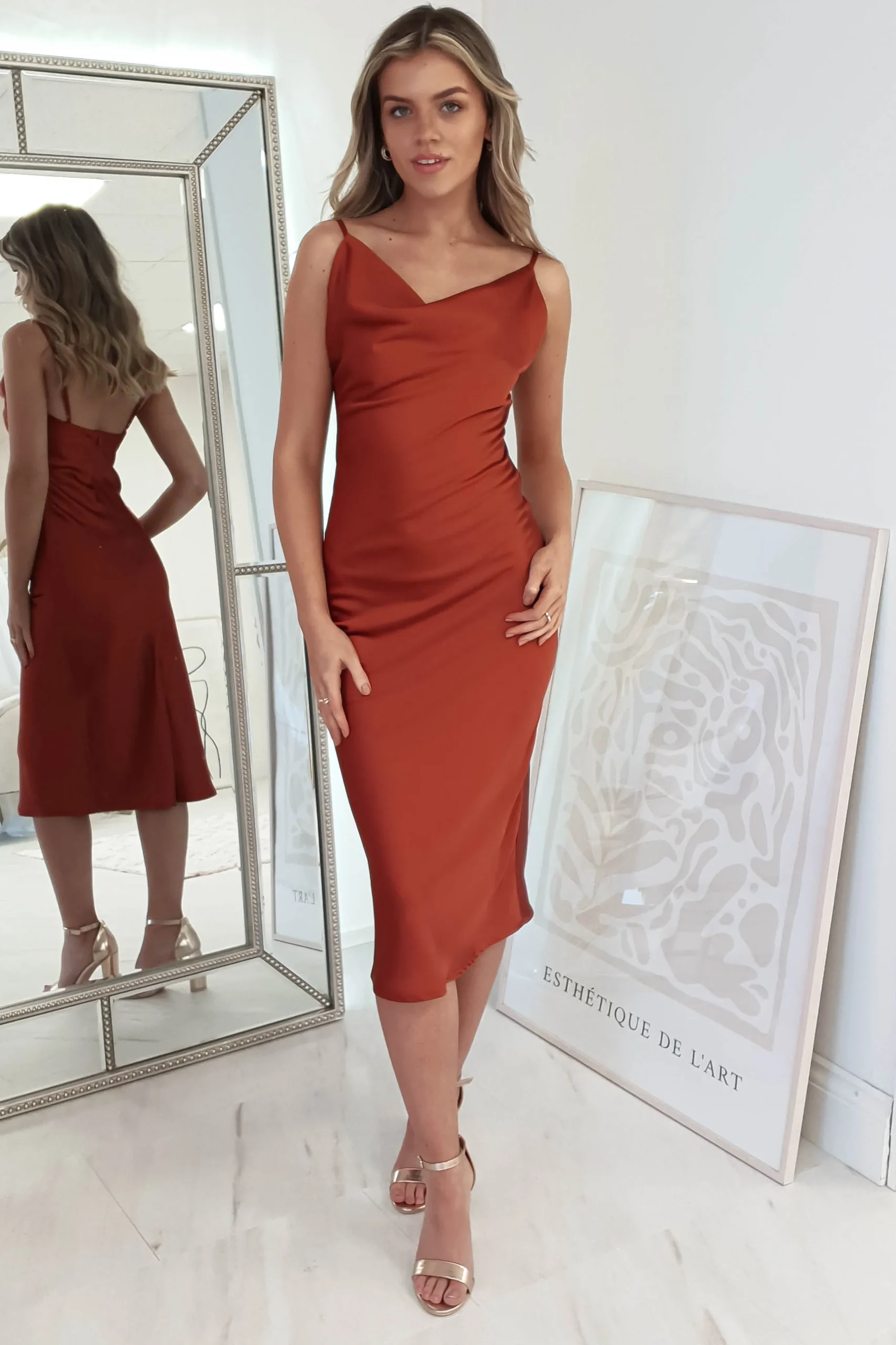 Natalie Satin Cowl Neck Midi Dress | Rust