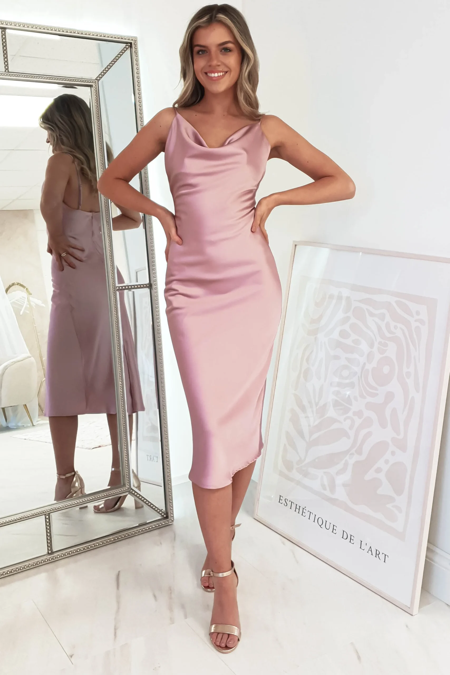 Natalie Satin Cowl Neck Midi Dress | Mauve