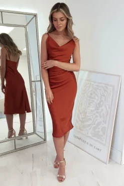 Natalie Satin Cowl Neck Midi Dress | Rust