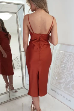 Natalie Satin Cowl Neck Midi Dress | Rust