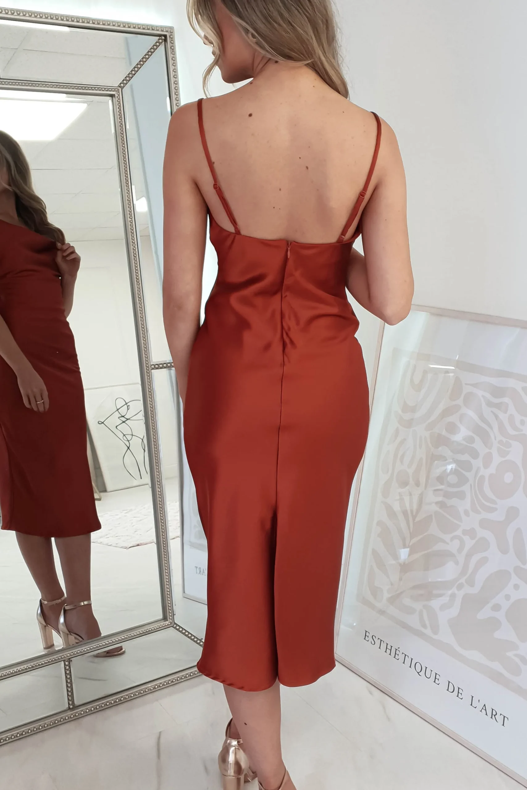 Natalie Satin Cowl Neck Midi Dress | Rust