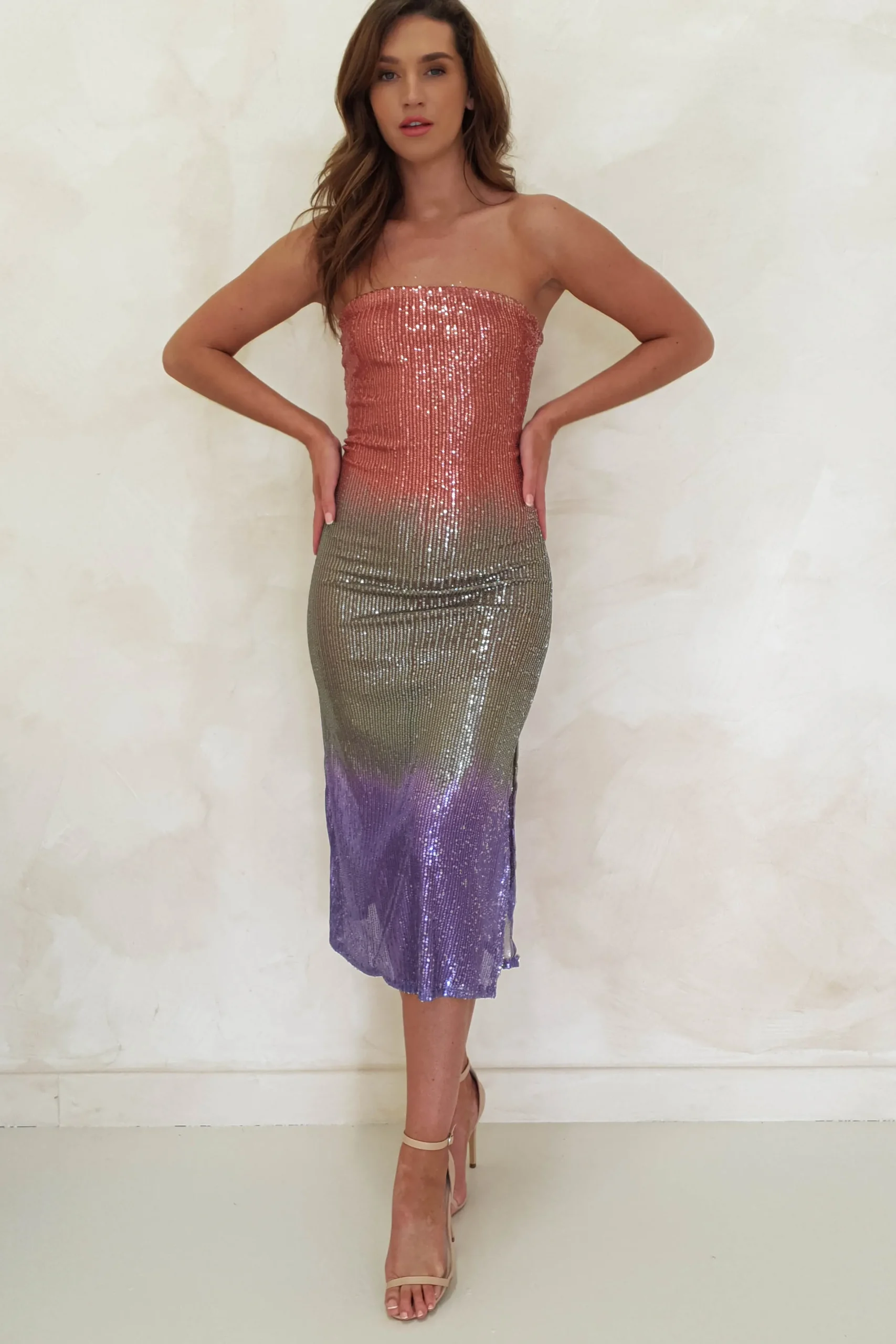 Neva Sequin Stapless Midi Dress | Rose Ombre