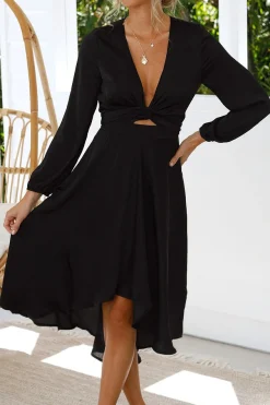 Nicola Satin Tie Front Midi Dress | Black