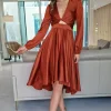 Nicola Satin Tie Front Midi Dress | Rust