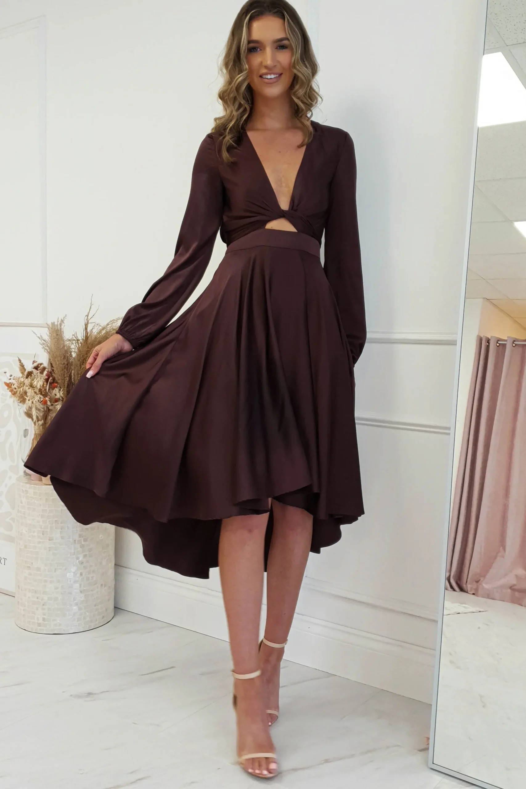 Nicola Satin Tie Front Midi Dress | Chocolate
