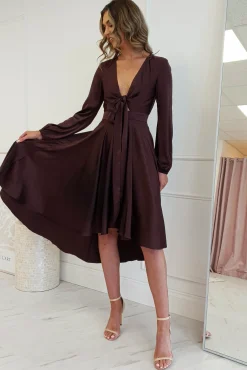 Nicola Satin Tie Front Midi Dress | Chocolate