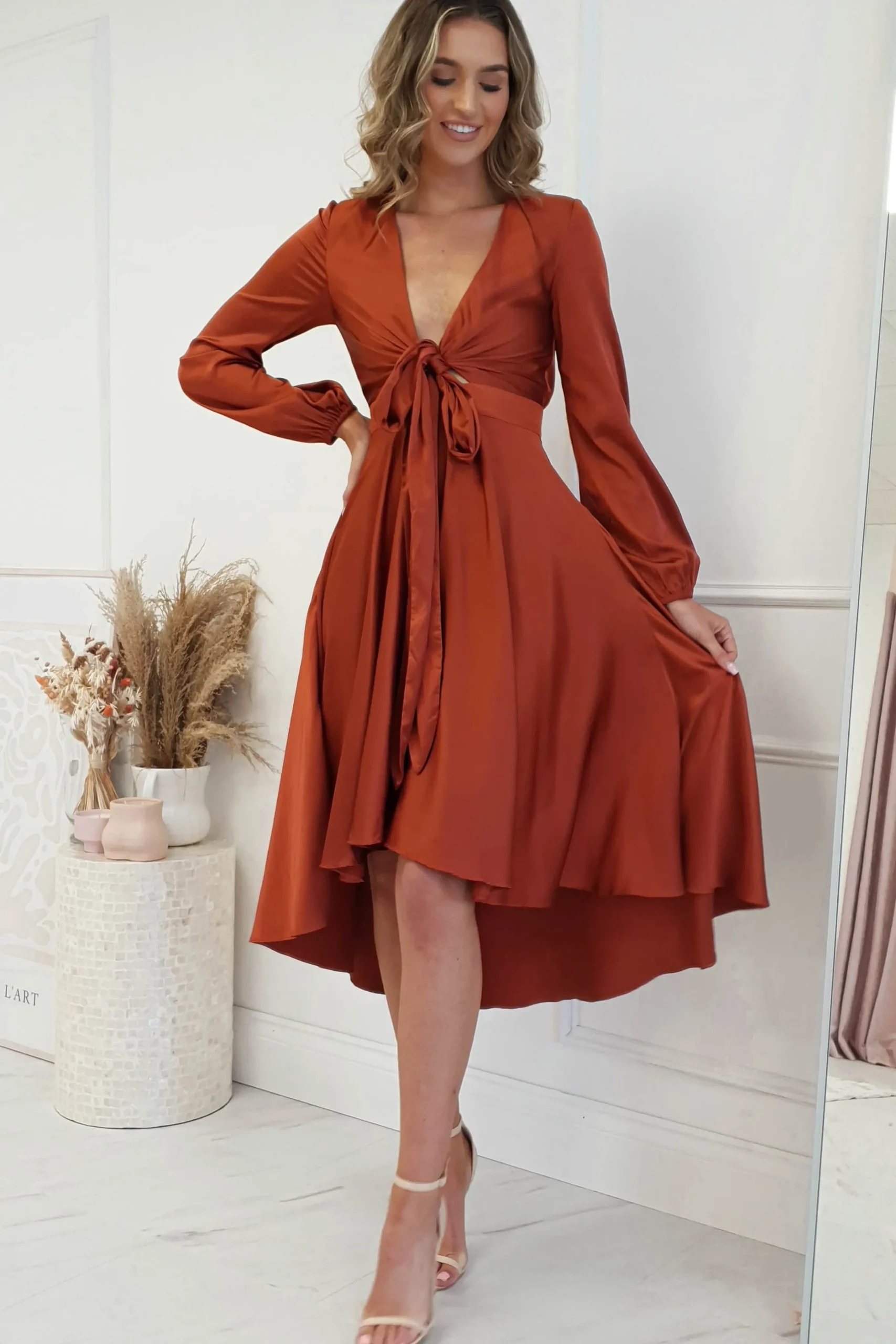 Nicola Satin Tie Front Midi Dress | Rust