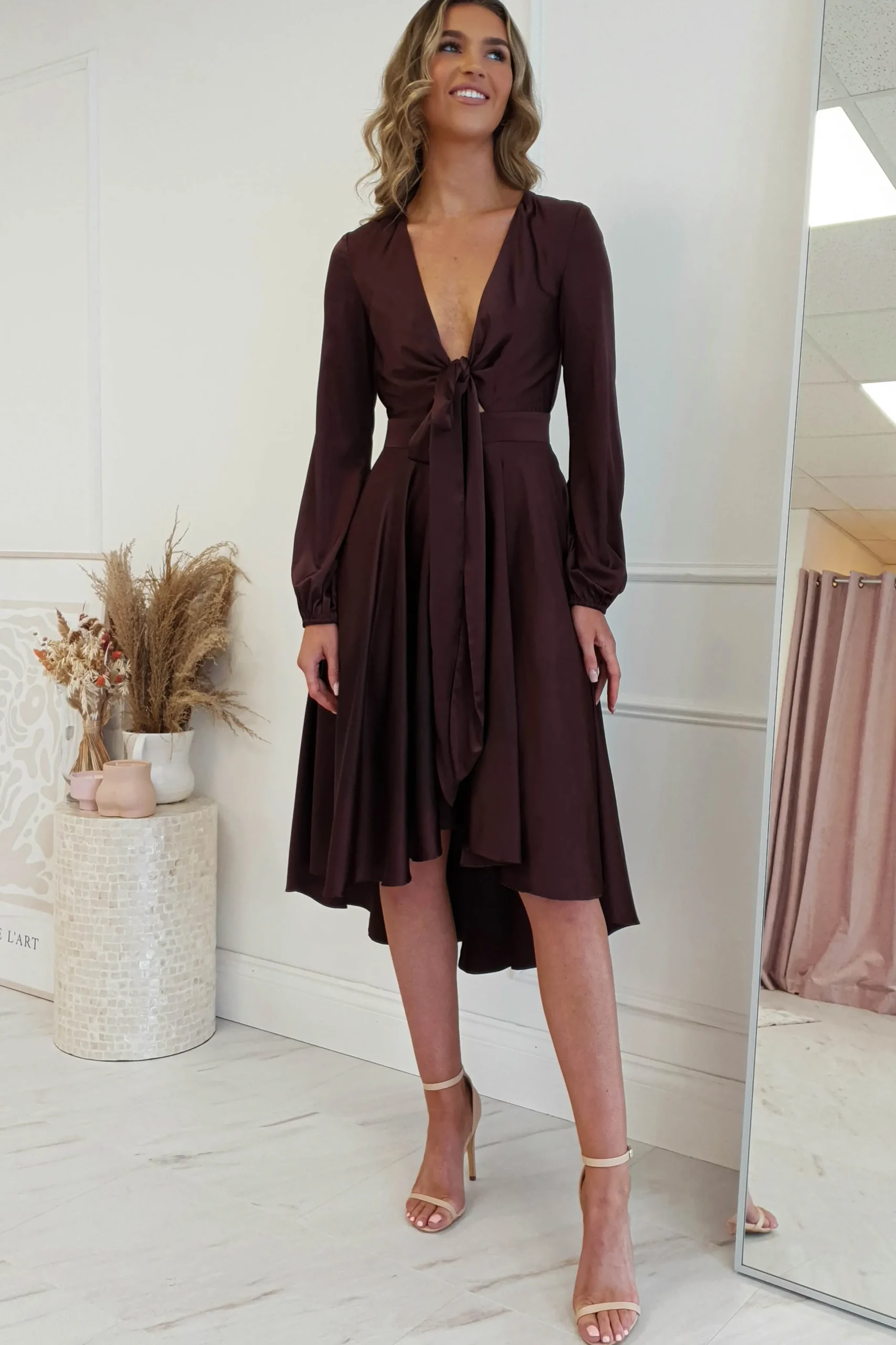 Nicola Satin Tie Front Midi Dress | Chocolate