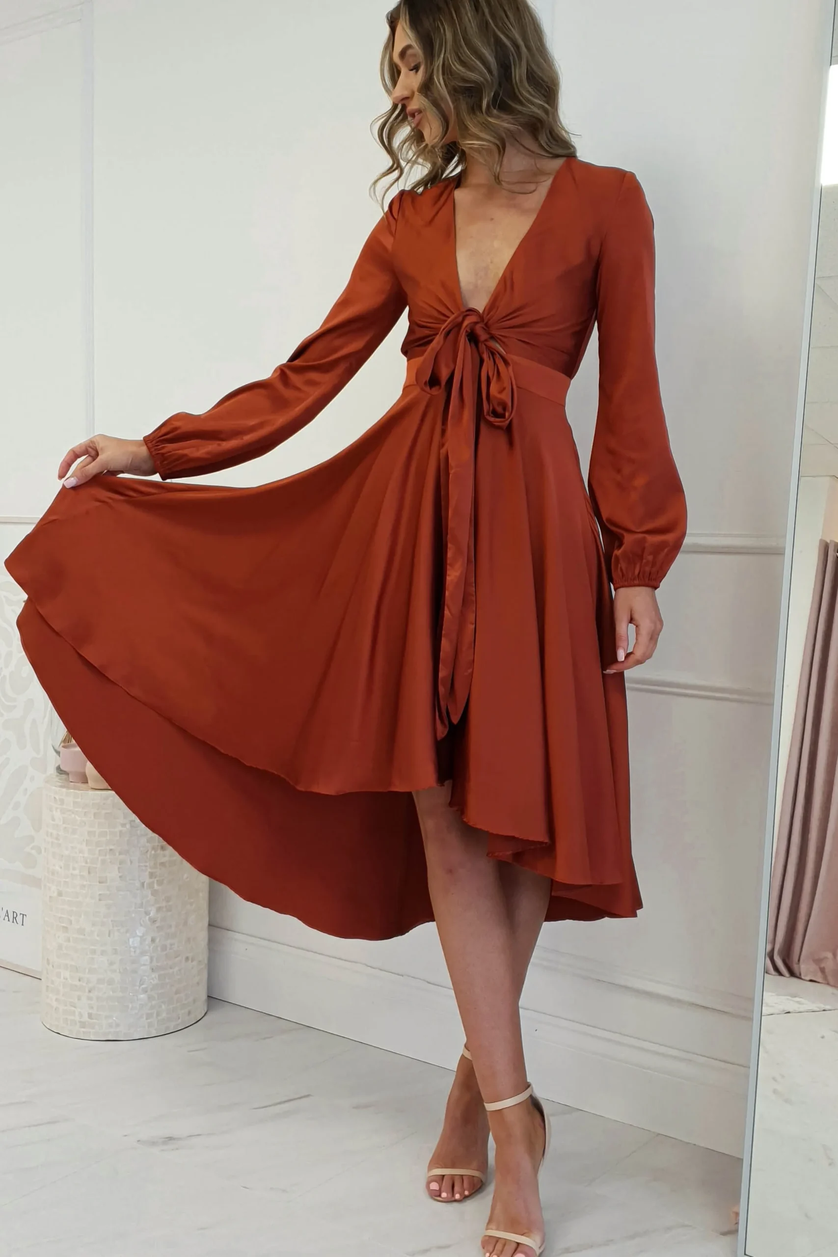 Nicola Satin Tie Front Midi Dress | Rust