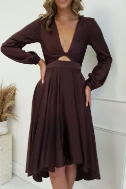 Nicola Satin Tie Front Midi Dress | Chocolate
