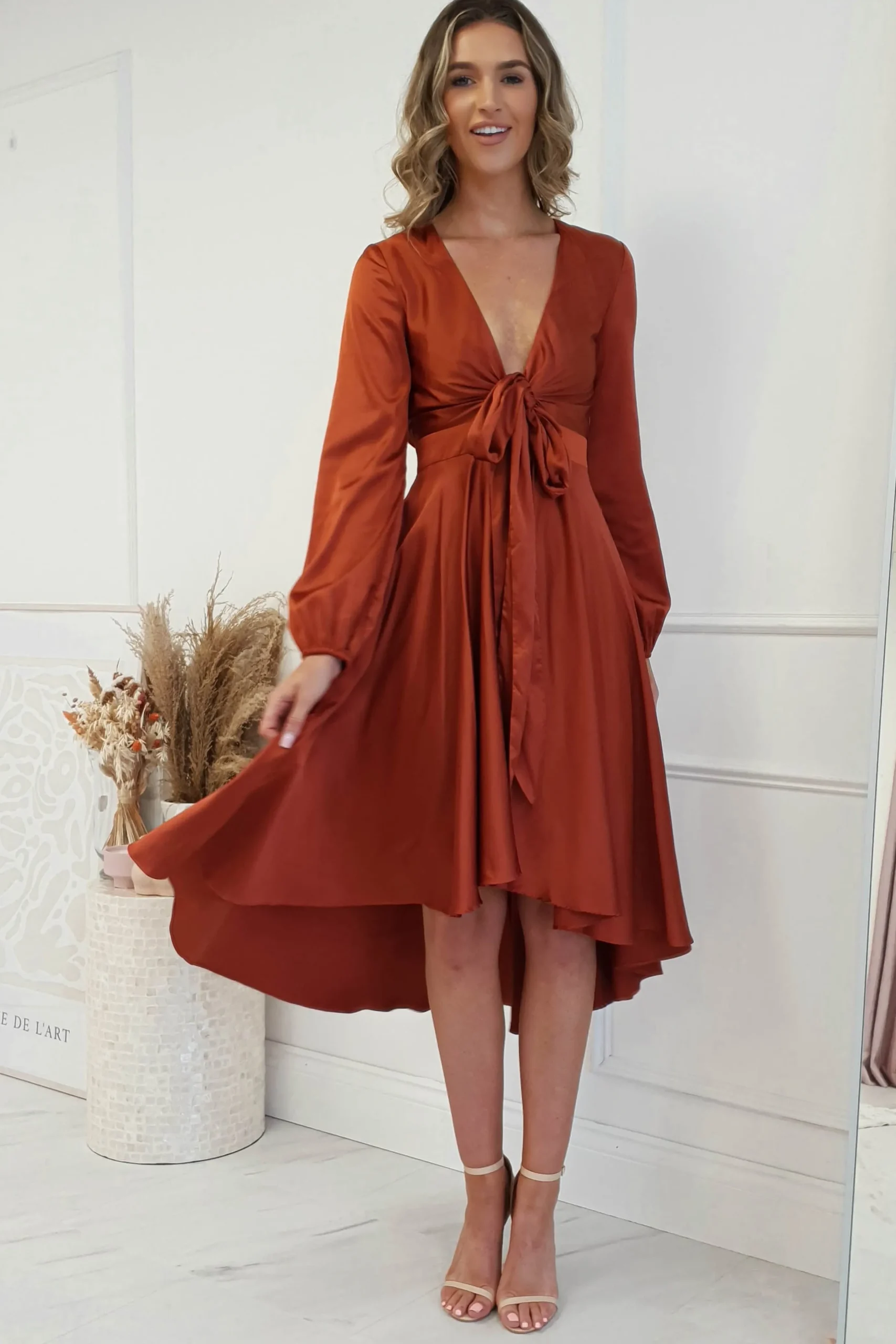 Nicola Satin Tie Front Midi Dress | Rust