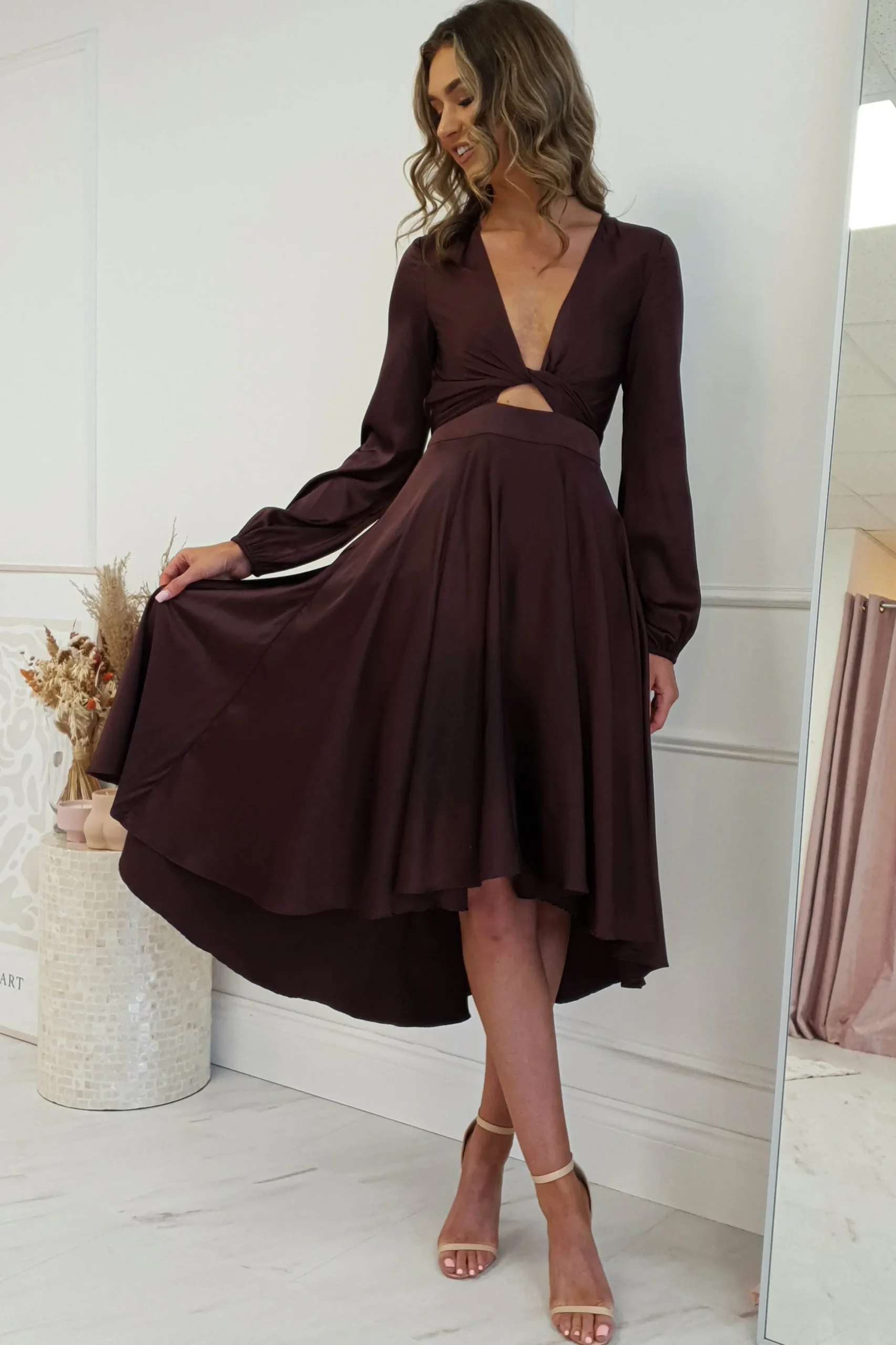 Nicola Satin Tie Front Midi Dress | Chocolate