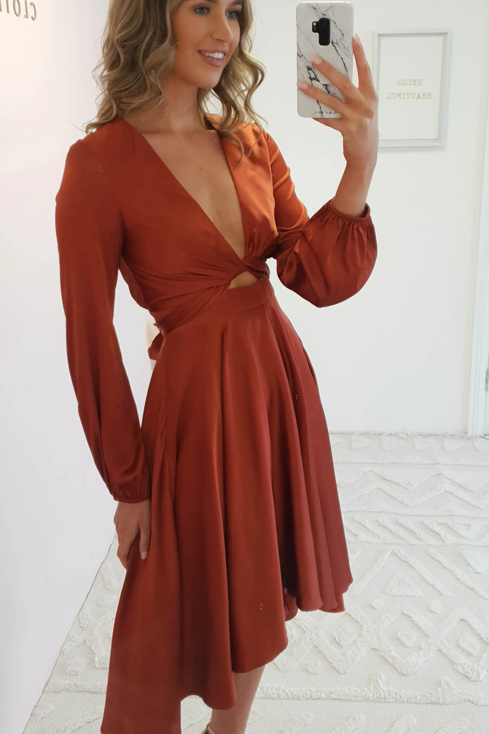 Nicola Satin Tie Front Midi Dress | Rust