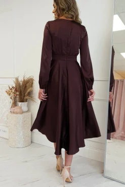 Nicola Satin Tie Front Midi Dress | Chocolate