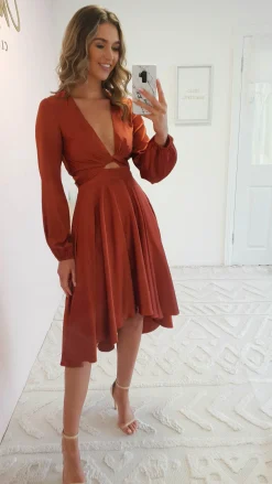 Nicola Satin Tie Front Midi Dress | Rust