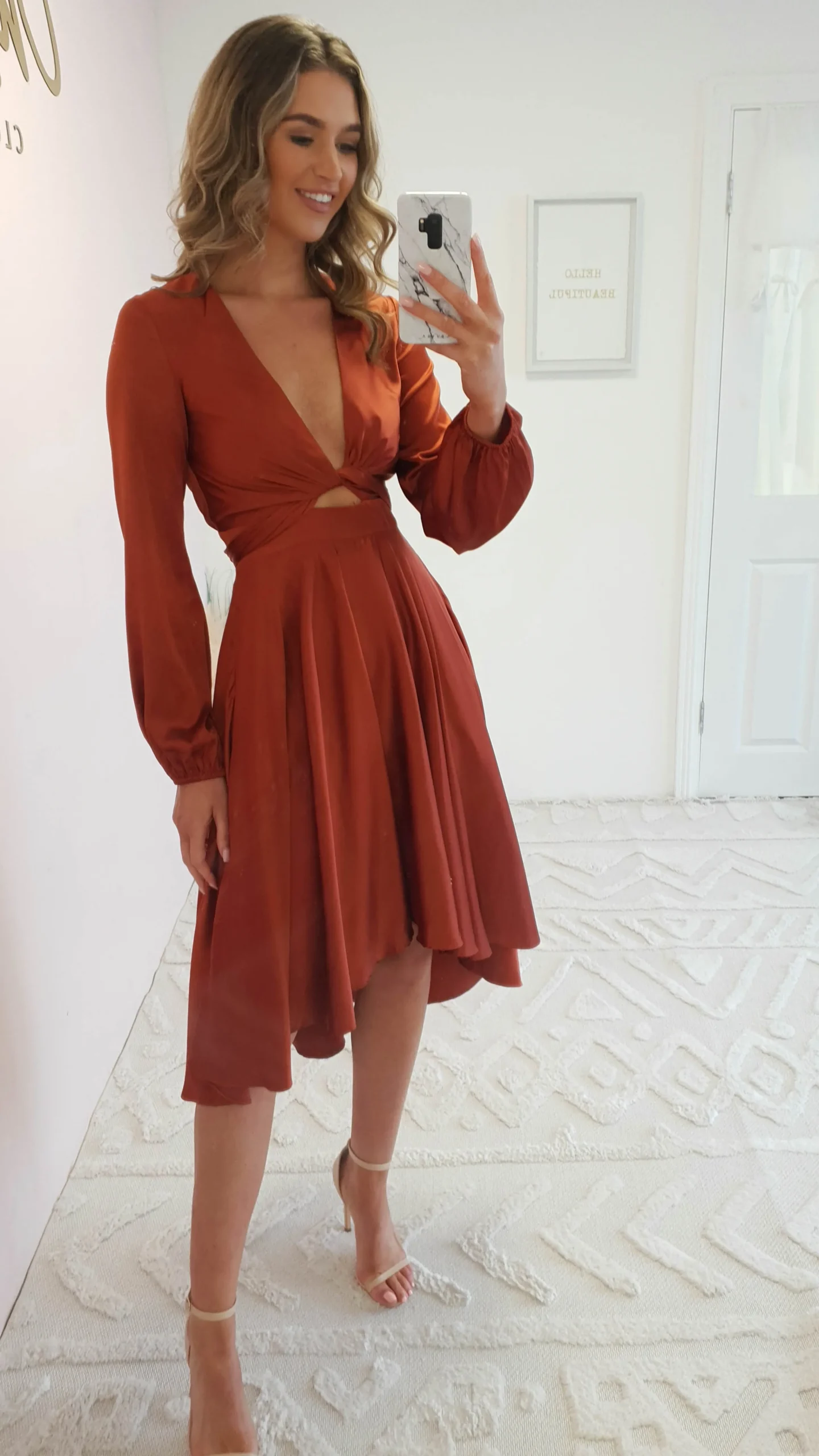 Nicola Satin Tie Front Midi Dress | Rust