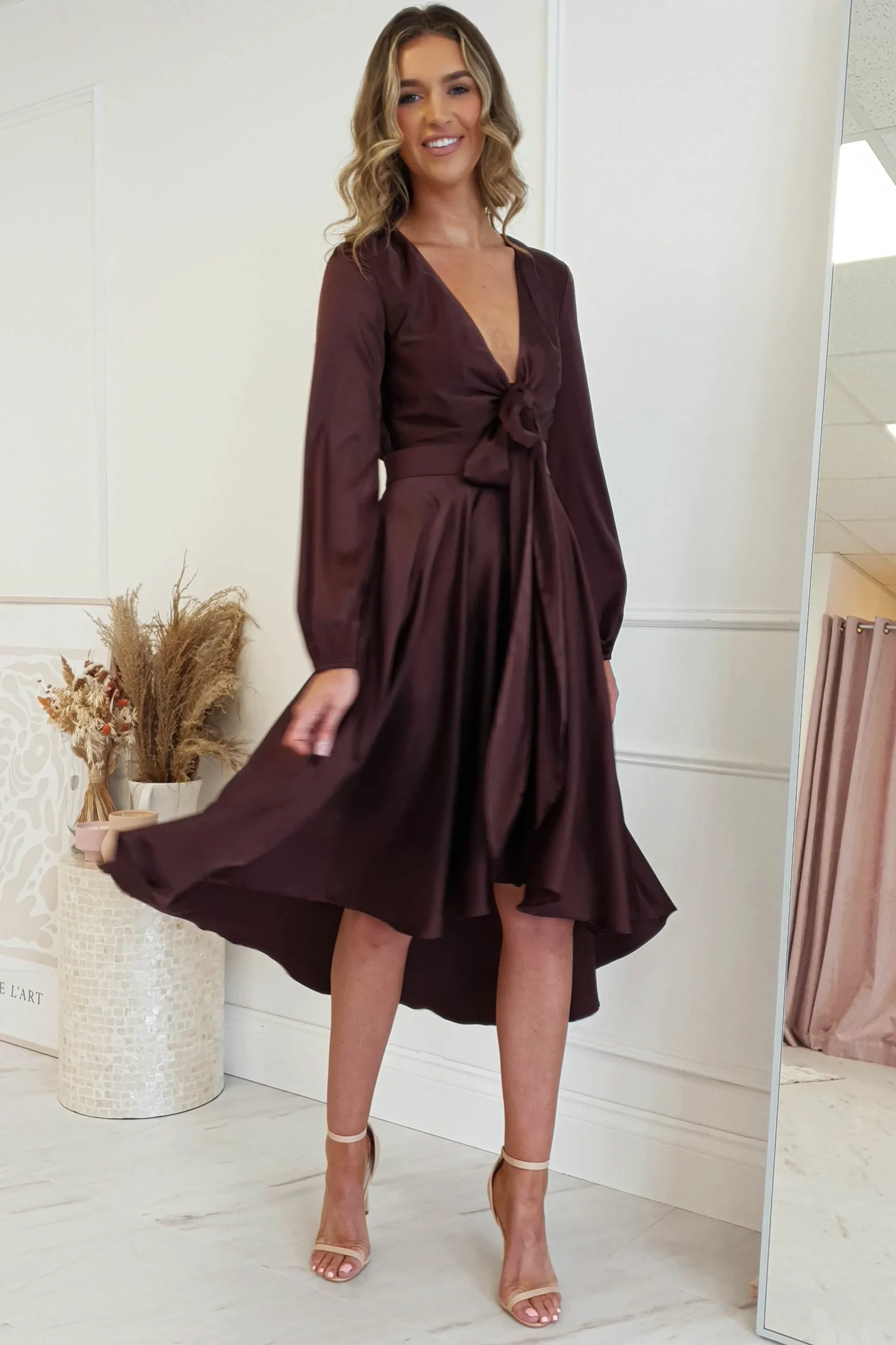 Nicola Satin Tie Front Midi Dress | Chocolate