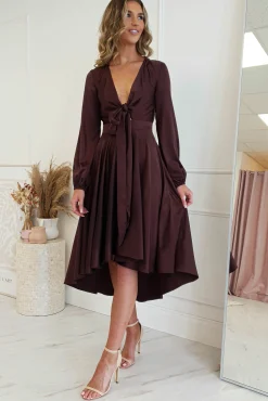 Nicola Satin Tie Front Midi Dress | Chocolate
