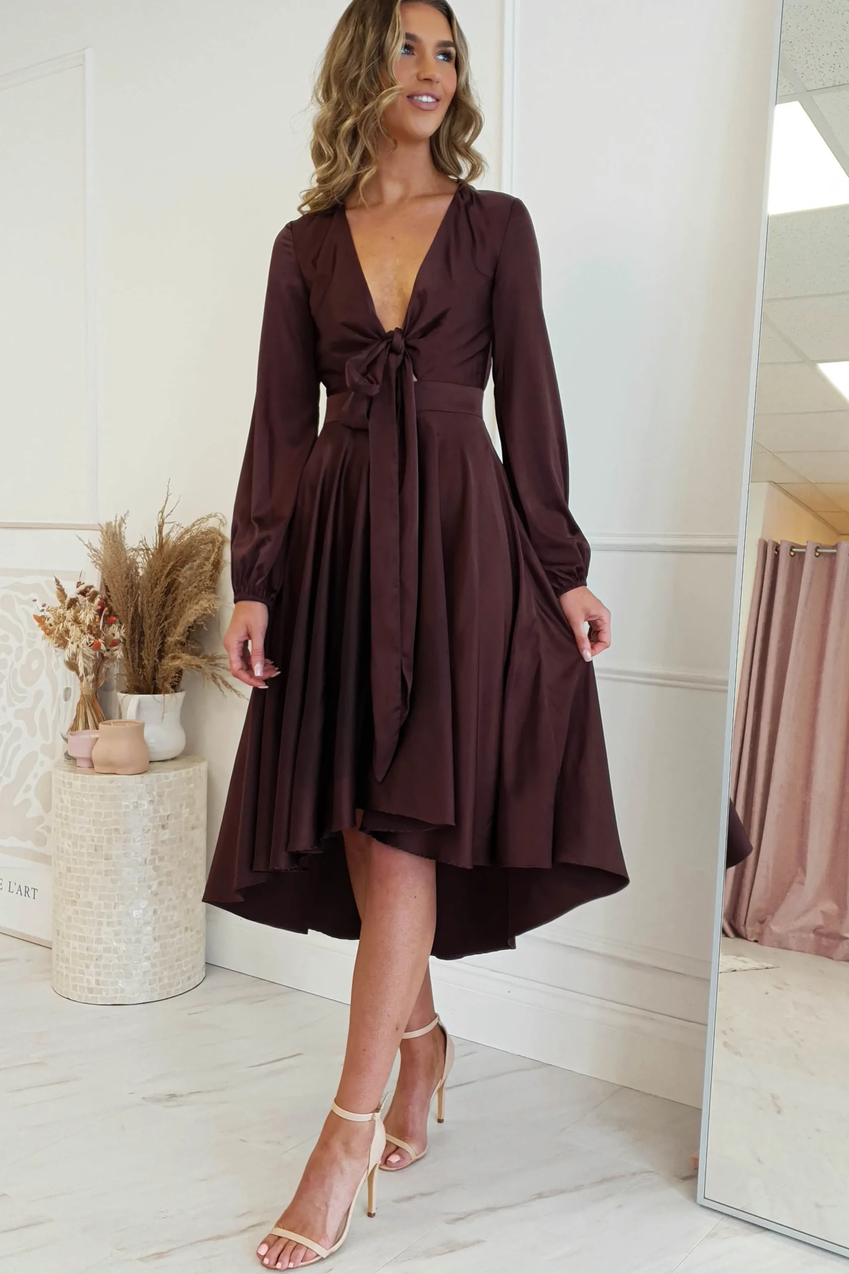Nicola Satin Tie Front Midi Dress | Chocolate