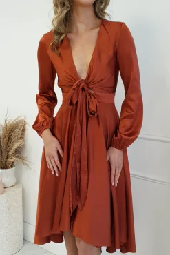 Nicola Satin Tie Front Midi Dress | Rust