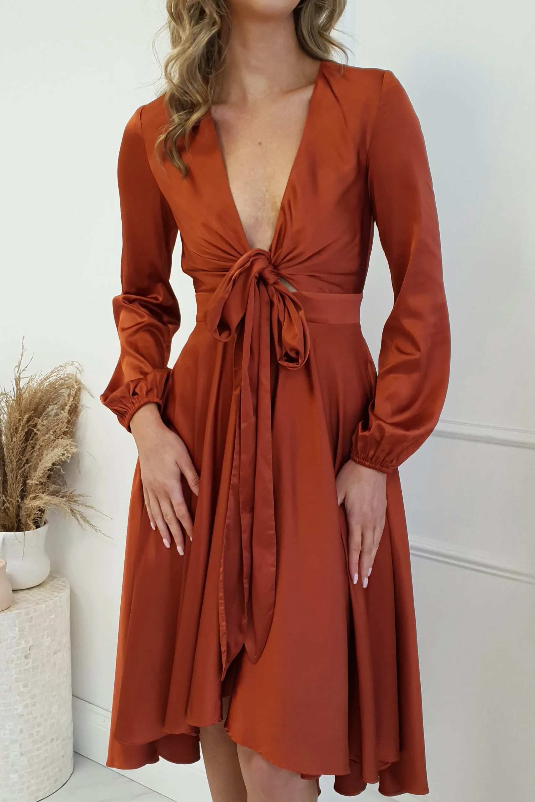 Nicola Satin Tie Front Midi Dress | Rust