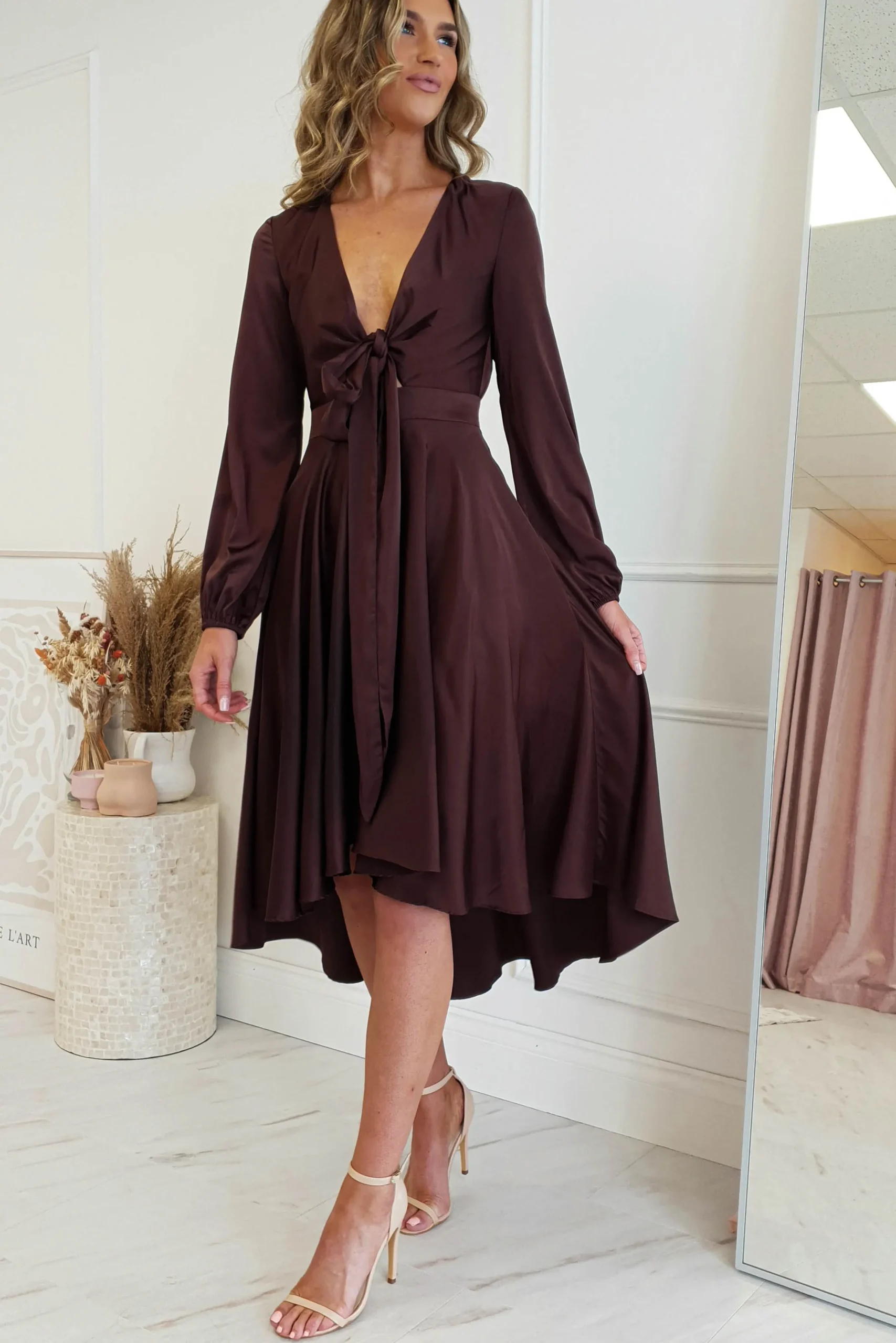 Nicola Satin Tie Front Midi Dress | Chocolate